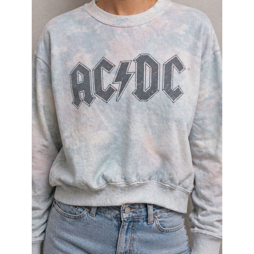 AC/DC Pastel Tie Dye Sweatshirt XS Cropped Rock Band Graphic Pullover